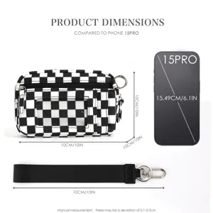 Black and white checkerboard nylon card bag with transparent PVC window and wrist strap.