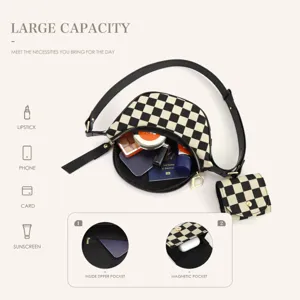 Checkered crossbody bag featuring large capacity, interior zipper pocket and magnetic pocket.