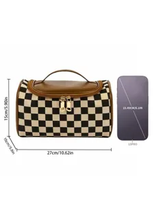 Grand sac de maquillage à carreaux avec bordure en cuir marron, détail d'organisateur portable.