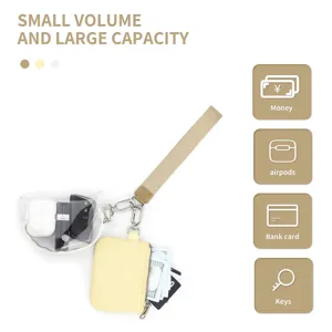 Detailed view of the mini transparent PVC and yellow wrist pouch with practical storage icons.