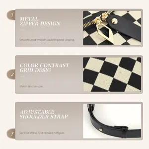 Detail view of the black and white checkered chest bag, featuring metal zipper and strap.
