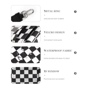 Detail view of black white checkered card holder wristlet bag with waterproof fabric.