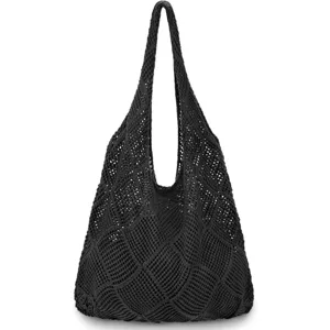 Black crochet knit hobo tote bag casual hollow out woven shoulder bag for women daily use