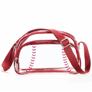 Clear crossbody bag detail showcasing transparent design with red baseball stitching and zipper.