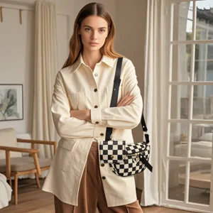 Detailed shot of a stylish black and white checkerboard crossbody bag worn by a model.