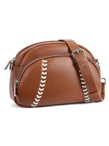 Vintage brown leather crossbody bag with unique baseball stitching, zipper closure and strap.