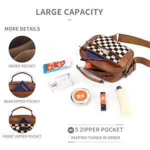 Checkered canvas and PU leather cross-body shoulder bag with multiple zipper pockets.
