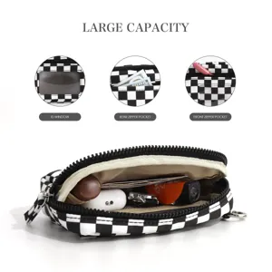 Black and white checkered nylon pouch with clear ID window and multiple zipper pockets for daily use.