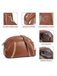 Retro leather baseball style crossbody shoulder bag with adjustable strap and smooth zipper.