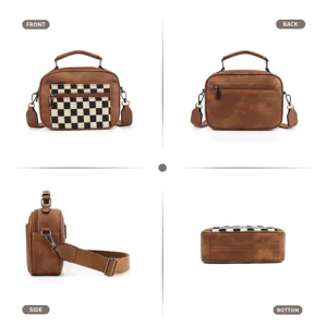 Brown PU leather crossbody bag with black and white checkerboard canvas front pocket design.
