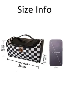 Détail de taille de trousse de maquillage à carreaux noir et blanc, grande capacité.