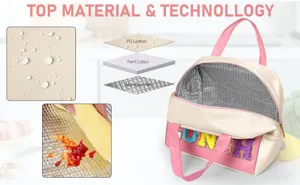 Insulated lunch bag with cute embroidery letters, thick aluminum foil, waterproof PU leather.