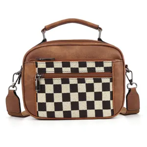 Stylish brown PU leather and black white checkerboard canvas handbag crossbody bag for women