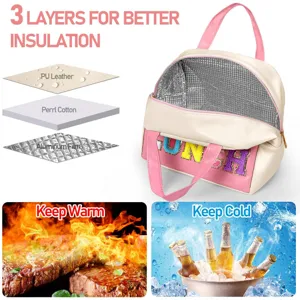 Insulated lunch bag with glitter letters, thick 3-layer thermal design for school or work meals.