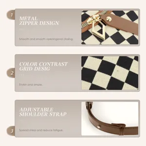 Detailed view of trendy checkerboard chest bag featuring metal zipper and strap.