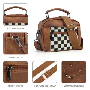 Canvas checkered crossbody shoulder bag with PU leather, double zippers and top handle.