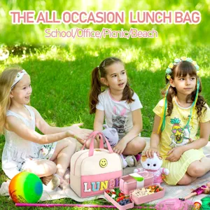 Insulated lunch bag with cute letter embroidery, ideal for school, office, picnic, and beach.
