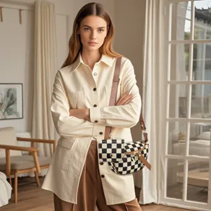 Close-up detail of the stylish black and white checkerboard crossbody bag in lifestyle use.