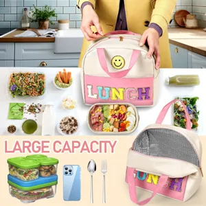Large capacity insulated lunch bag with cute embroidered design and food containers included.