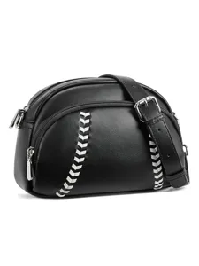 Black leather crossbody bag with unique baseball stitching, zipper closure, and adjustable strap.