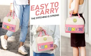 Insulated lunch bag with cute smiley patch and sparkly letter embroidery for daily use.