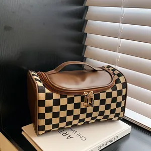 Grande Capacité Trousse de Maquillage Carreaux Organisateur de Toilette Portable Vintage Cuir PU Fermeture Éclair Sac à Main pour Femme