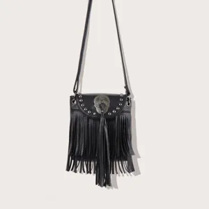Sac bandoulière en cuir noir avec franges clous métalliques et décoration de tête de mort