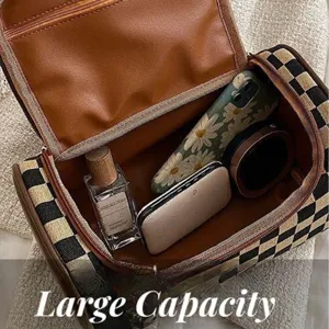 Grande trousse de maquillage à carreaux sac de toilette de voyage portable avec fermeture éclair.