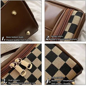 Grande trousse de maquillage à carreaux en tissu oxford avec double fermeture et rivets en laiton.