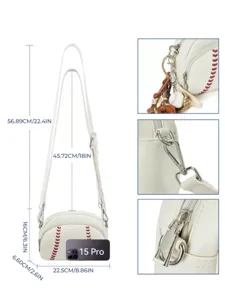 White vintage baseball style PU leather crossbody bag with zipper and adjustable strap.