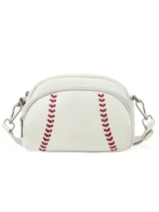 Fashion white leather baseball shaped shoulder bag with red stitching and zipper closure.