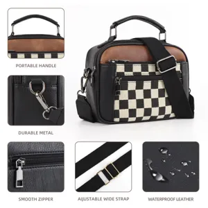 Canvas Checkerboard PU Leather Shoulder Crossbody Bag with Top Handle and Double Zippers