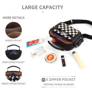 Black white checkerboard PU leather crossbody shoulder bag with large capacity multi zipper pockets.