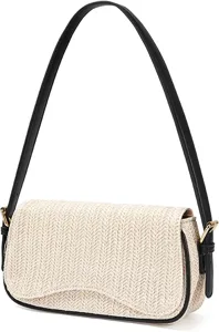 Straw woven shoulder bag with black leather strap and chic baguette design for daily wear.