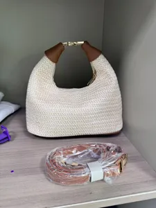 Straw woven hobo handbag with brown top handle and detachable strap for casual wear