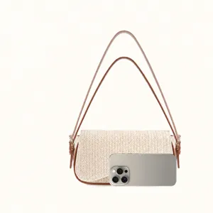 Women woven straw shoulder bag with leather handle and size dimension reference details.