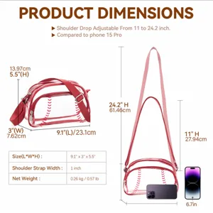 Clear PVC baseball crossbody bag dimension infographic showing size, strap drop, and specs.