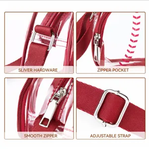 Clear PVC crossbody bag detail showing silver hardware, smooth zipper, and adjustable strap.