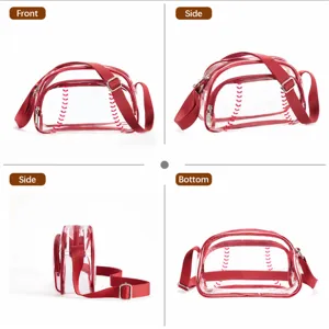 Clear PVC crossbody bag with red baseball stitching trim, stylish casual sports shoulder bag.