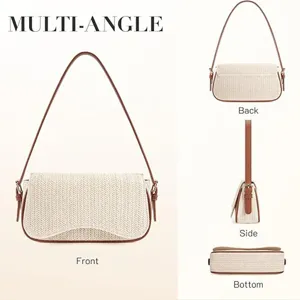 Multi-angle detail view of the fashionable woven women shoulder bag with sleek leather strap.