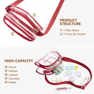 Clear PVC baseball crossbody bag with red strap and multiple pockets for summer vacation.