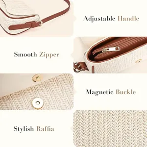 Stylish raffia woven crossbody shoulder bag with adjustable handle and smooth zipper for women.