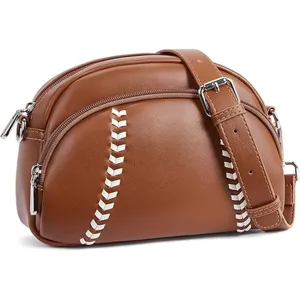 Brown PVC retro baseball shape shoulder bag, stylish messenger bag with adjustable strap.