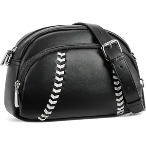 Black PU leather baseball stitch crossbody shoulder bag trendy vintage summer daily handbag