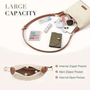 Detailed view of casual straw woven shoulder bag showing large capacity and internal pockets.
