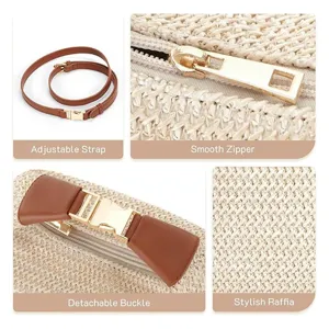 Stylish raffia crossbody bag with adjustable strap, smooth zipper and detachable buckle details.