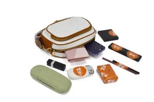 White chevron quilted crossbody bag with brown trim and stylish webbing strap for women.