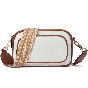 Stylish color-block crossbody bag with wide patterned strap for women casual daily wear.