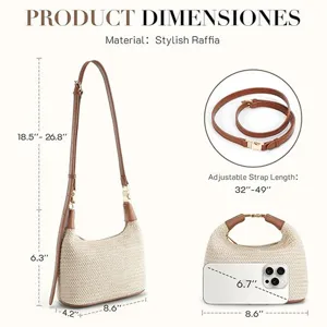 Detailed view showing the dimensions, adjustable strap, and size comparison of raffia bag.