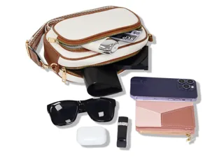 Stylish colorblock crossbody bag with wide webbing strap, large capacity camera shoulder bag.